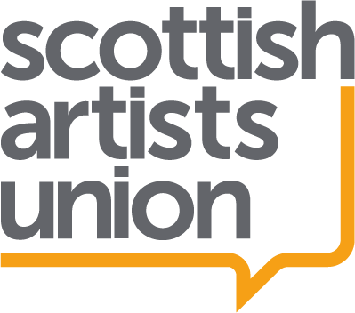scottish artists union logo mad up of grey text and orange speech bubble raphic