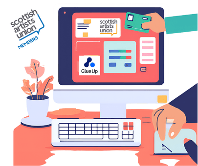 graphics illustrating computer, payment card