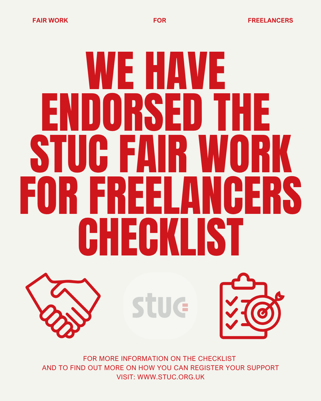 red text, red graphics shaking hands and clipboard