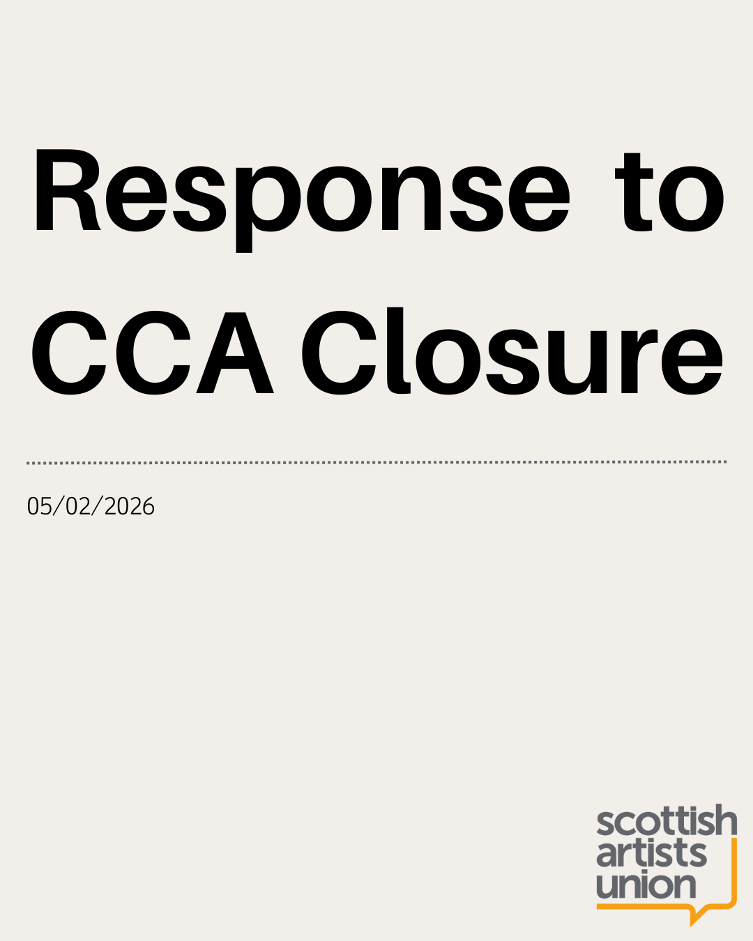 Graphic with text on a plain background reading 'Response to CCA Closure, 05/02/26'. The SAU logo is placed in the bottom right hand corner