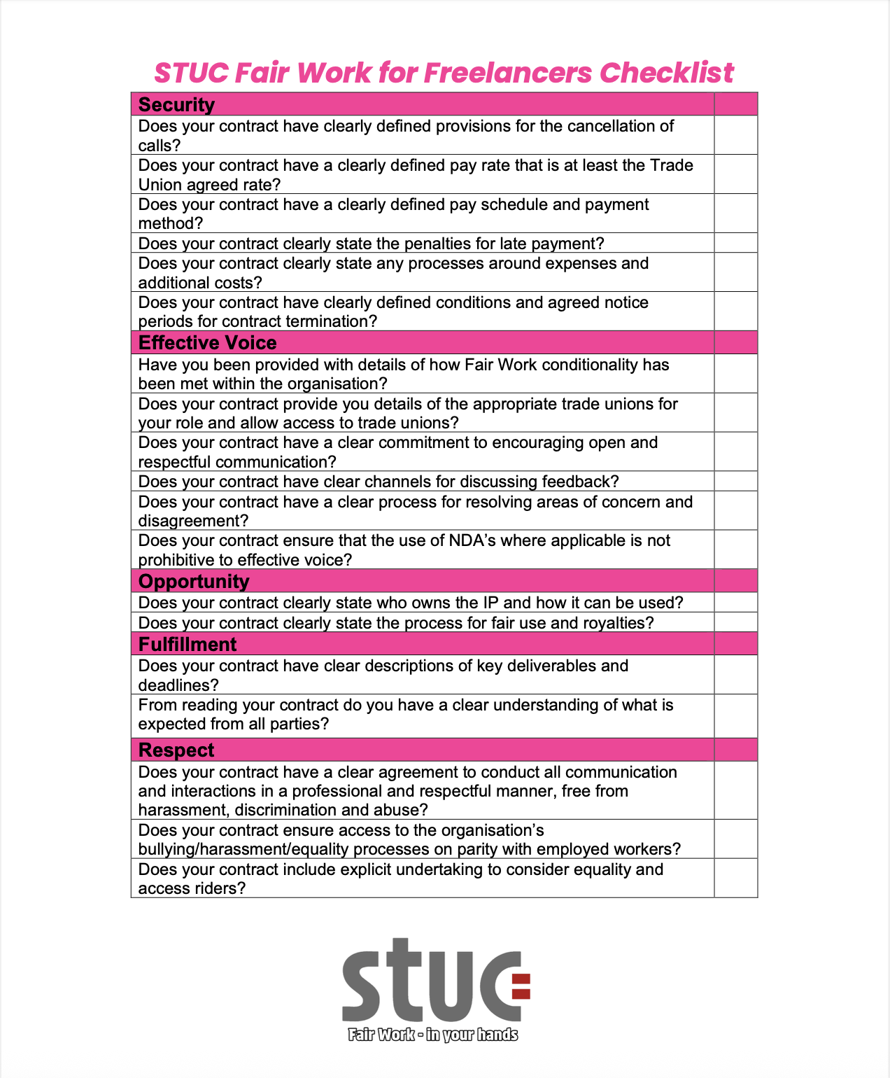 Black & pink text listing questions around fair work practices
