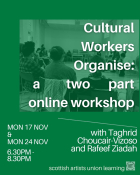 A green image with text and a photo of people sitting in a circle listening to someone giving a talk. One of the participants has a keffiyeh over the back of their chair. The text on the image gives some information about the event which is found in the body of this webpage